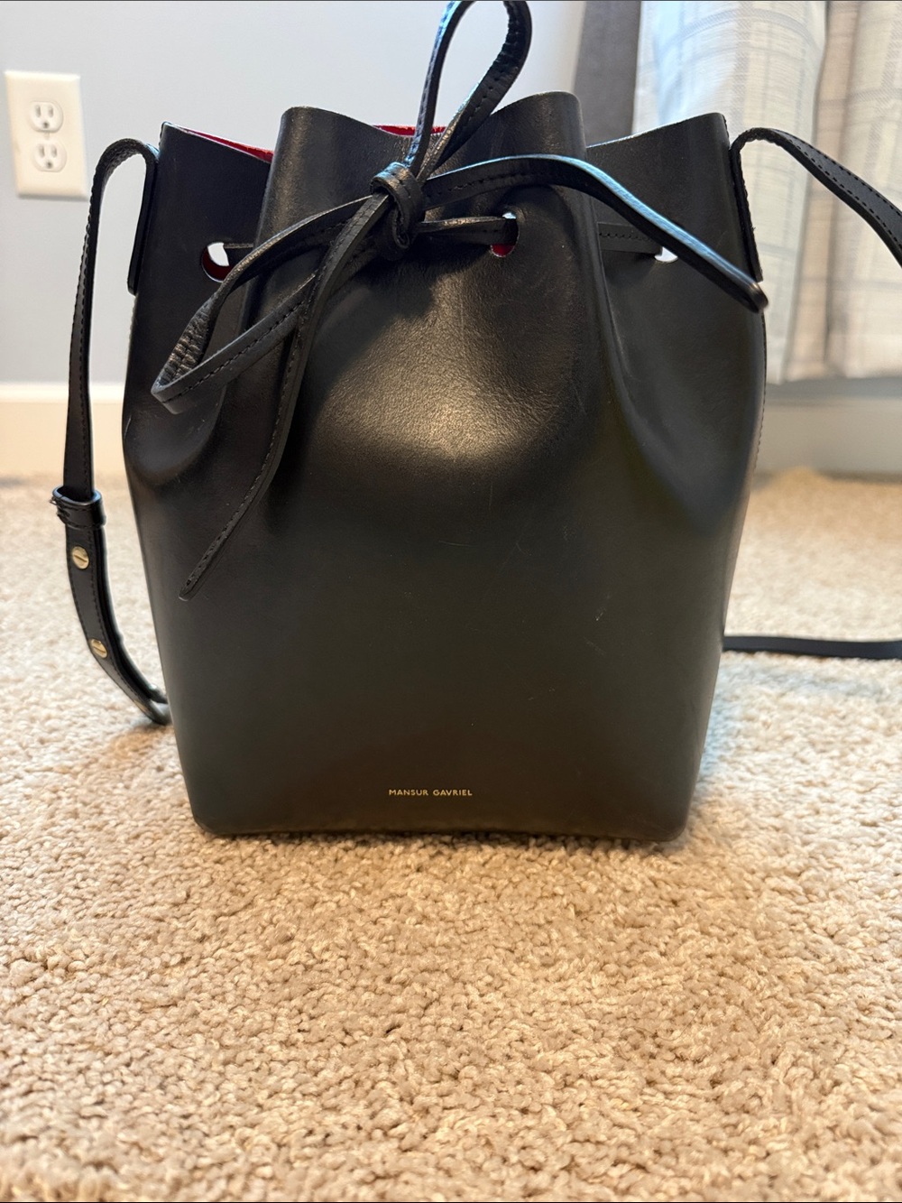 Mansur Gavriel Black Leather Bucket Bag with Red Lining